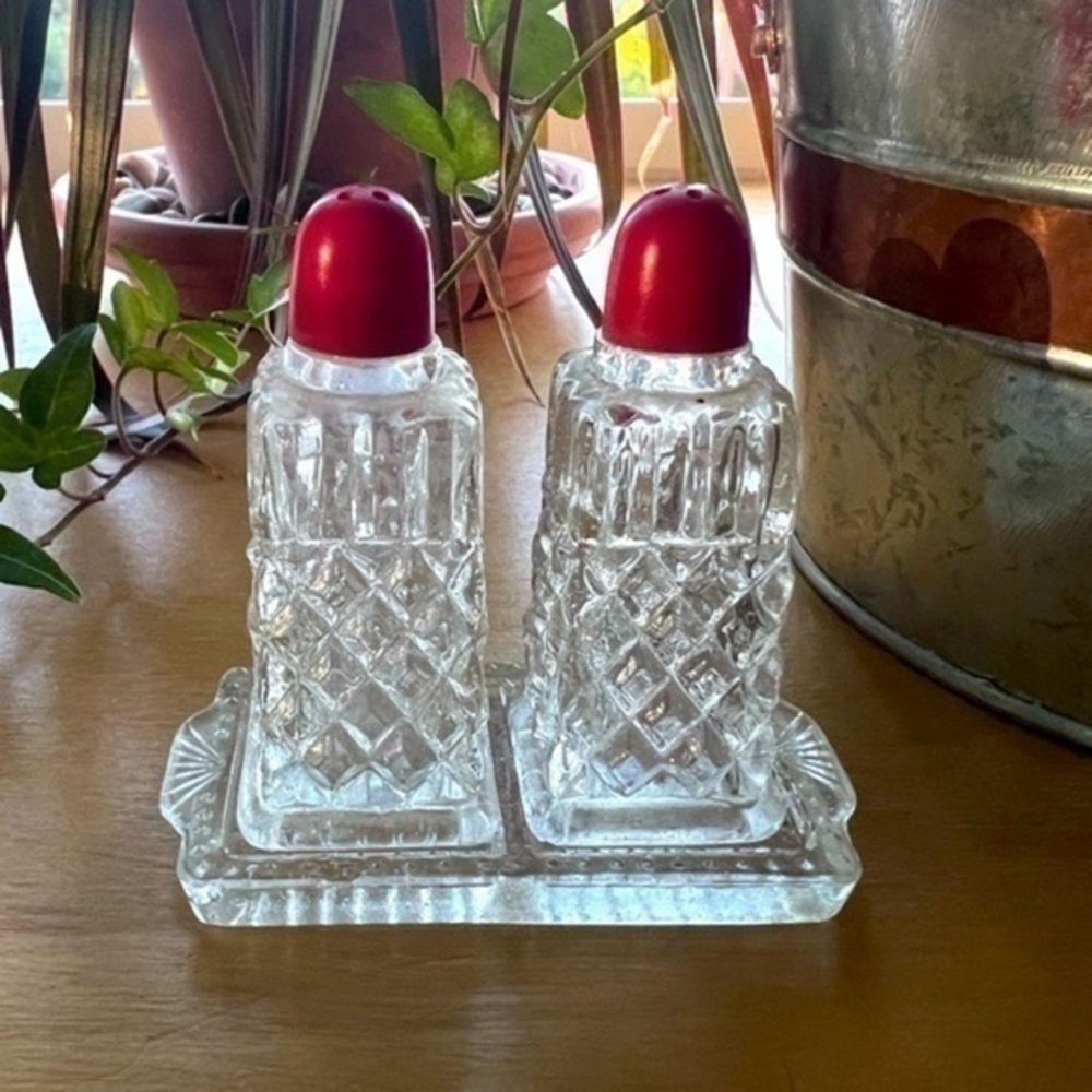 Vintage Glass Demetasse Salt and Pepper Shaker Red Tops on Glass Tray